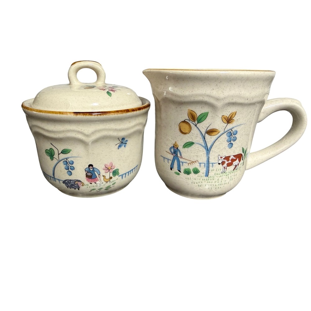 Vintage International Sugar Bowl and Creamer Set Country Farm Scene Folk Art